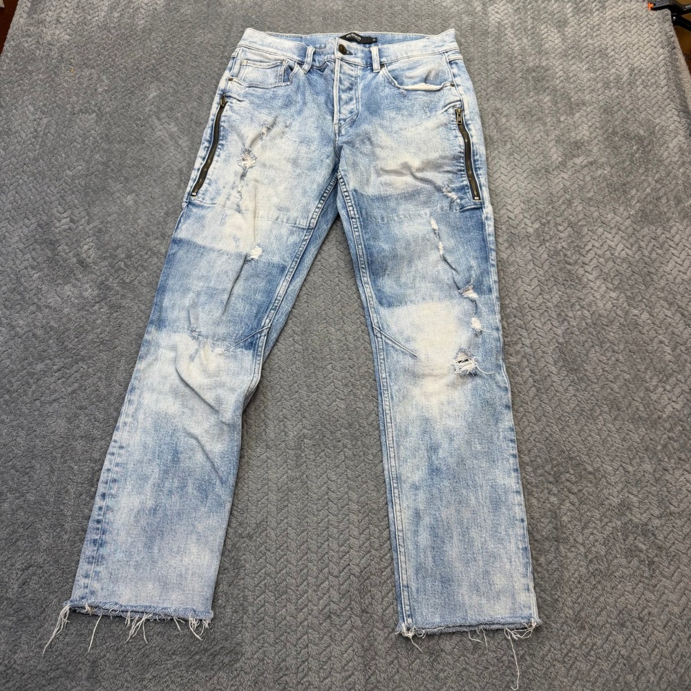 Hudson Jeans Mens 32x28 Distressed Light Wash Blue Denim Button Fly Raw Hem Moto